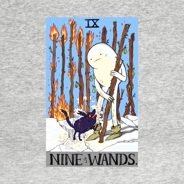 Snow Golem and Fire Wolf Pup 9 of Wands tarot by sadnettles